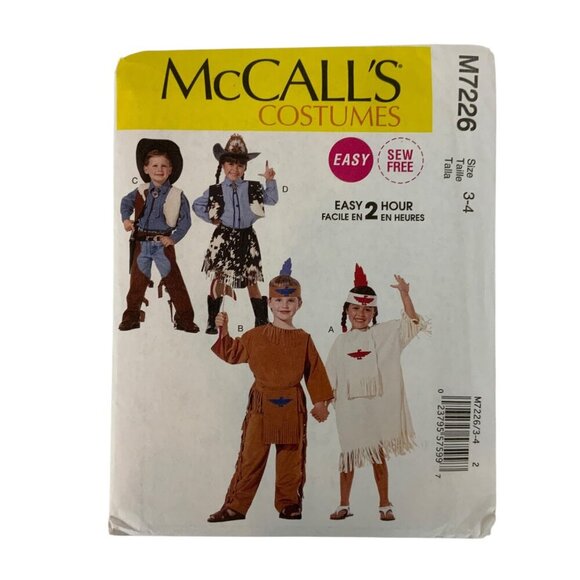 McCalls M7226 Childs Costume Sewing Pattern Cowboy Native American Size 3-4 2015 - Picture 1 of 3
